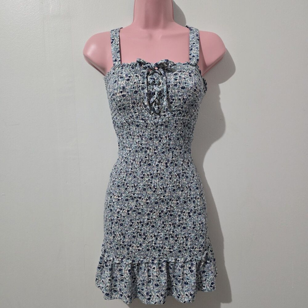 Aeropostale - Dress - Size XS - Sundress Smocked Bodycon Floral Ruffle - Blue